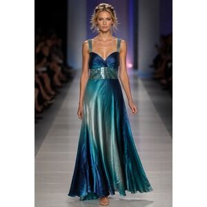 BG Haute Dress Blue Ombre Ball Gown Sequin Silk Criss Cross Back Prom Size 10